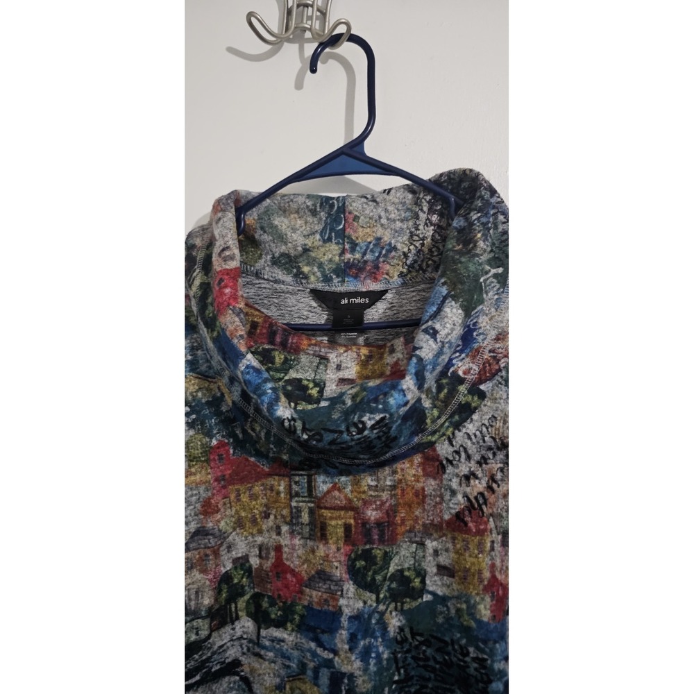 Ali Miles Abstract Village Brushed Knit Top Cowl Neck Sweater Sz Small‎ Pocket - Picture 5 of 10